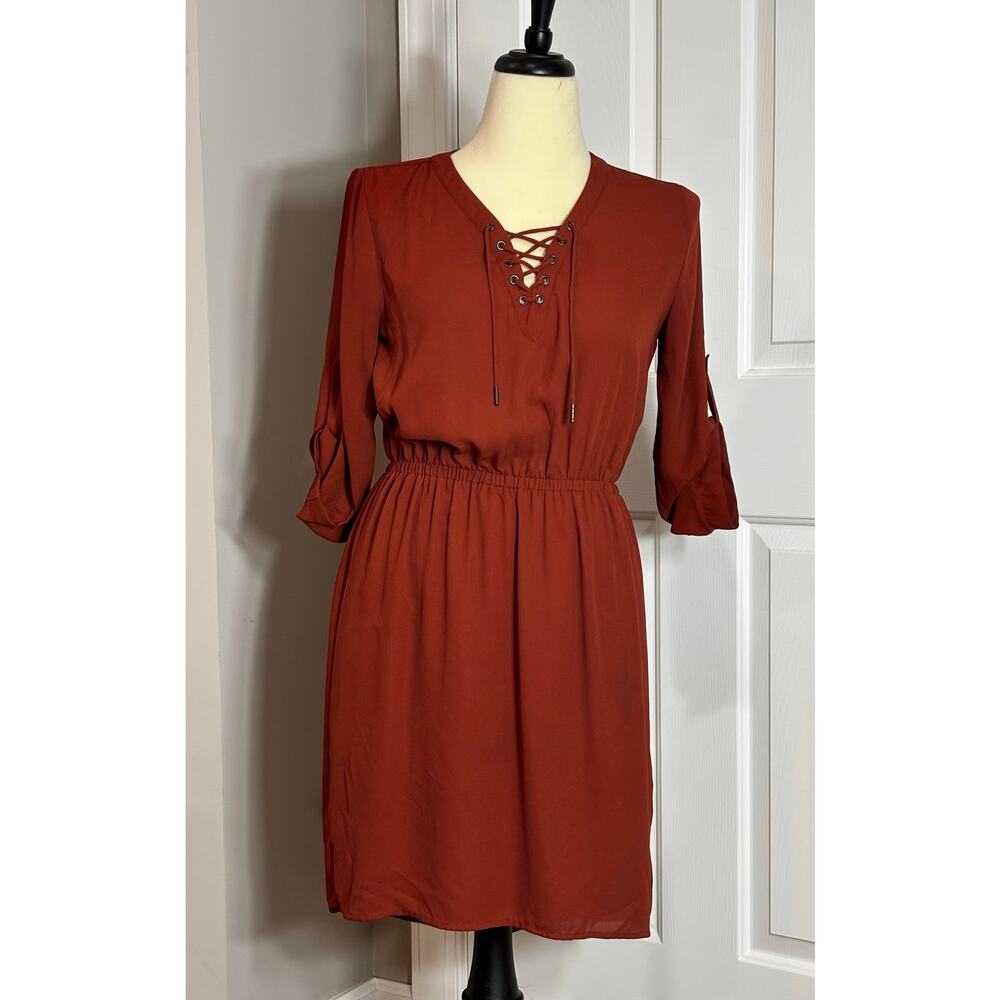 Mossimo Dress Sz S Rust Red Flowy Button Adjustable Sleeve Festival